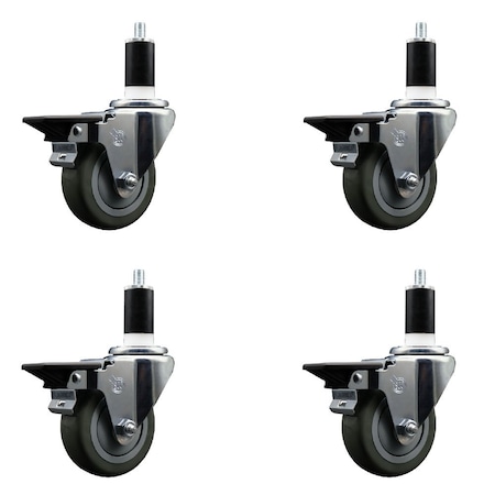 Service Caster 3.5'' Gray Poly Swivel 1-3/8'' Expanding Stem Caster Set with Brake, 4PK SCC-EX20S3514-PPUB-PLB-138-4